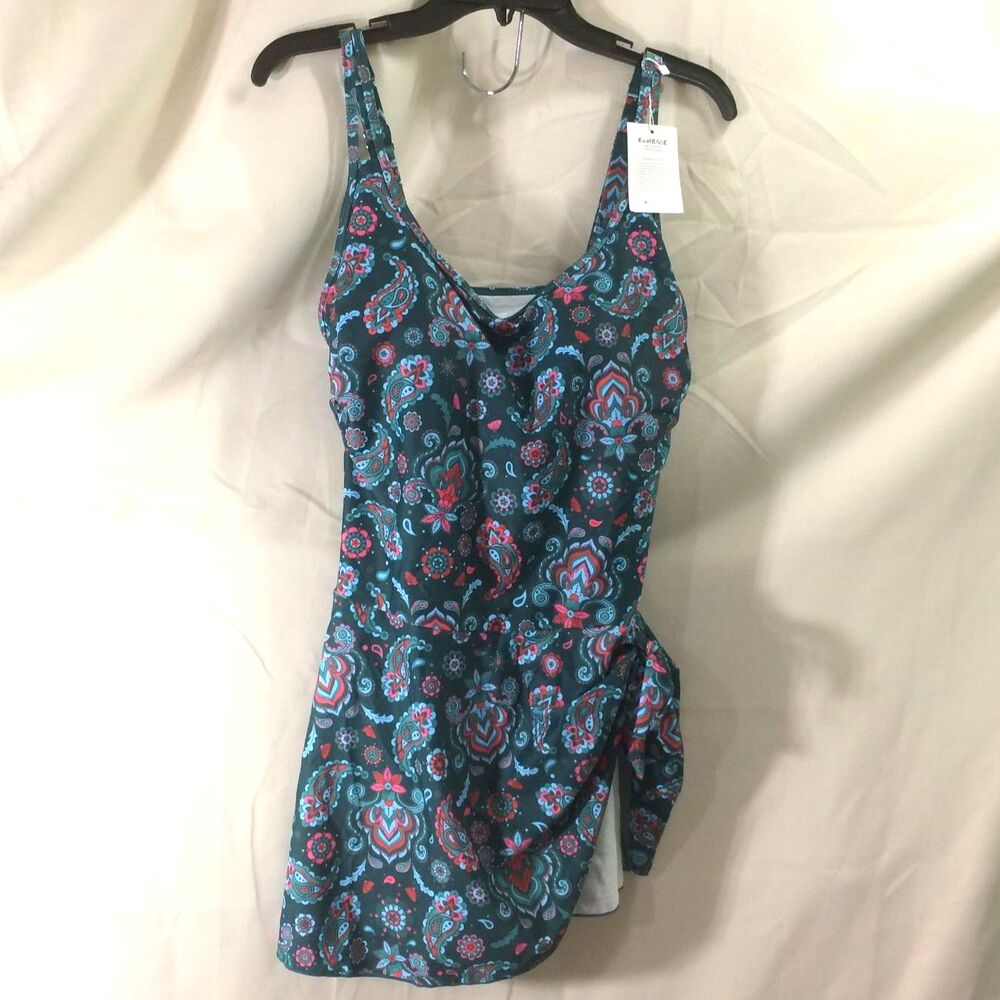 NEW Eomenie Green Paisley Swim Dress Large Adjustable Straps Built In Bra NWT - Picture 3 of 6